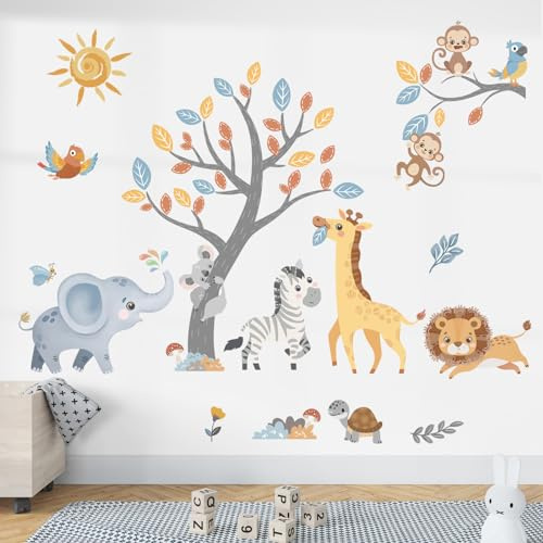 wondever Wandtattoo Tiere Baum Grau Wandsticker Waldtiere Elefant Giraffe | Abziehen und Aufkleben, Abziehbar, Wandaufkleber Selbstklebend für Kinderzimmer Babyzimmer Schlafzimmer Wanddeko
