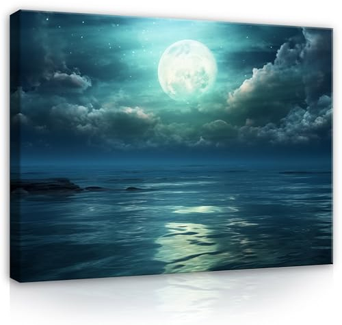 WallArena Leinwand Bilder - Meer Mond Himmel blau Landschaft - 60x40 cm | Leinwandbilder, Bild auf leinwand, Wandbild XXL groß Wandbilder für Wohnzimmer Schlafzimmer Wohnzimmerbilder