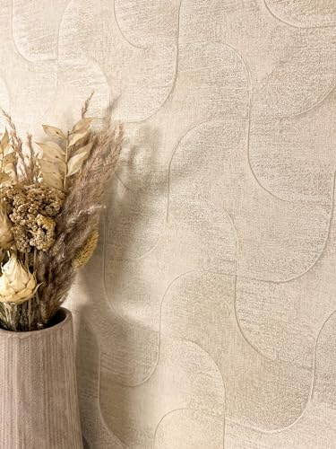 Newroom Vliestapete Beige Muster Wohnzimmer Retro Mustertapete | geschwungenes Wellenmuster in Sandbeige, leichter Schimmer, Prägung, Wandtapete Boho natürlich, Schlafzimmer Flur