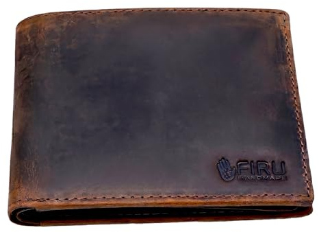 Firu-Handmade Buffalo Leather Slim Bifold Wallet for Men with RFID Blocking-Slim with 8 Card Slots-Extra Capacity with 2 ID Windows-Vintage Design (Buffalo Brown)