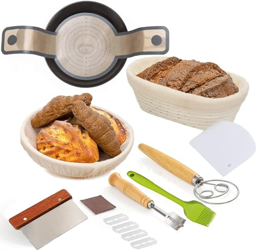 Sourdough Bread Baking Set, 25cm Oval & 23cm Round Banneton Bread Proofing Baskets, Silicone Bread Sling, Danish Dough Whisk, Dough Scraper Kit, Silicone Brush