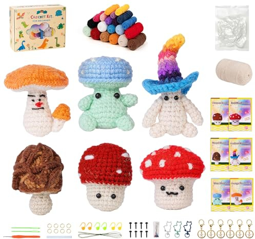 ilauke Einsteiger Häkelset für Anfänger mit kinderleichtem Garn, Komplettes Häkelnadel Set mit Polyesterfaserfüllung Handnähnadel Stichmarkern, Anleitung für Erwachsene DIY (Pilz)