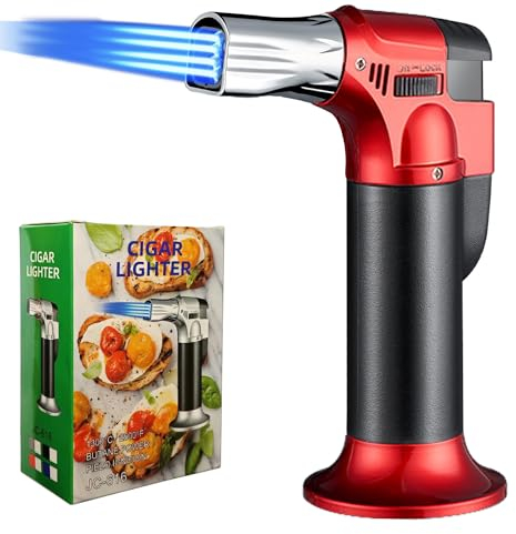 Butane Torch Lighter,Refillable Blow Torch Kitchen Cooking Torch with Safety Lock Adjustable Flame for Creme Brulee BBQ Baking—Butane Gas Not Included (Red)