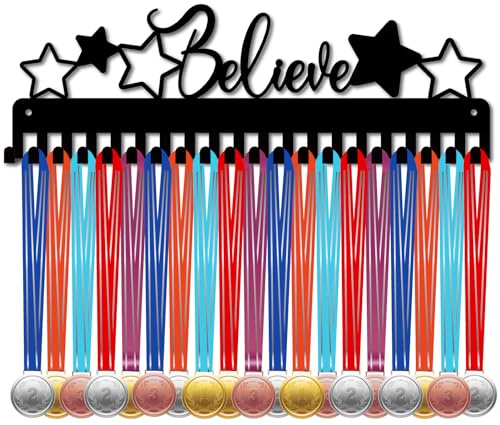 CREATCABIN Believe-Medaillenaufhänger,Medaillenhalter,Schwarze Pentagramme,Metall-Eisen-Regal,Aufhänger,Organizer,Medaillenständer,Rahmen Zur Wandmontage Mit 20Haken Für Über 50 Medaillen,Band,40x13cm