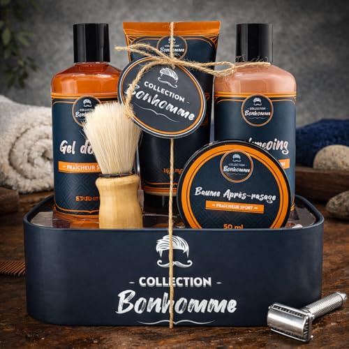 French Tendance - Coffret Homme Douche - Kit Complet Gel Douche, Shampoing, Crème de Rasage, Blaireau, Baume Apres Rasage Homme - Soin Corps, Visage - Senteur Fraicheur Sport - Entretien Barbe