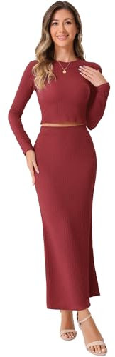 Allegra K Damen 2 Stück Sets Langarm Crop Top Hohe Taille Meerjungfrau Maxi Rock Mode Casual Sets, Rot/Ausflug, einfarbig (Getaway Solids), Mittel