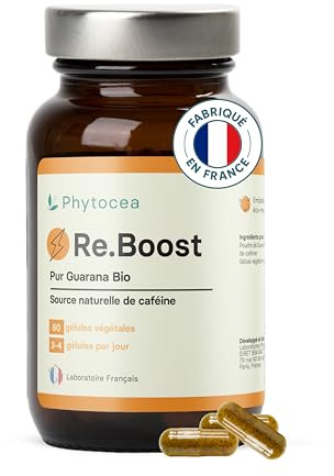 Phytocea - Complément Alimentaire Guarana Bio Booster d'Energie Naturelle | Caféine, Vitamines Adultes A, E, B1| Pre Workout Puissant | Cure 60 Gélules Vegan | Complement Fabriqué en France