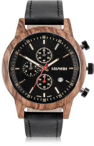 KLYVAN-Montre élégante chronographe à Quartz Japonais pour Hommes, cadrant en Bois Naturel avec Bracelet en Cuir Noir à Couture.