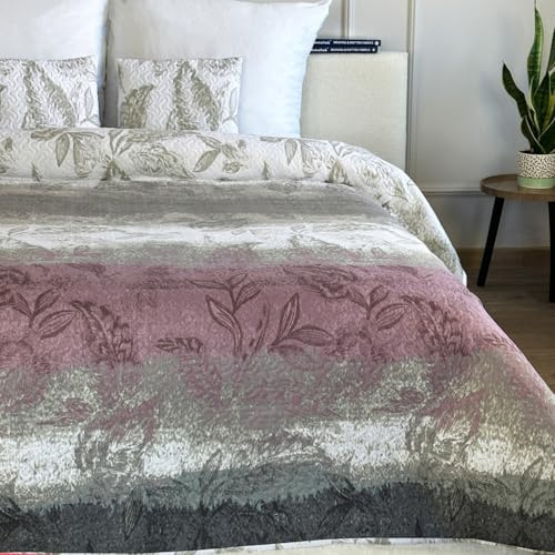 Euromat Tagesdecke Steppdecke Bettüberwurf Gesteppte Tagesdecke mit 2 Kissenbezüge 40x40 cm- (Grau Weiß Rosa Blumen- SY-6761, 180x220 cm)