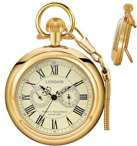 Tiong Orologio da tasca meccanico in acciaio inossidabile Londra in rame Steampunk numeri romani da uomo orologi da tasca con catena per uomo, 139-oro, Classico