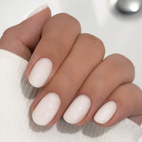 24 Stück French Press on Nails Kurz, Almond Falsche Nägel Full Cover Kunstnägel, Elegant Weiß Einfarbig Künstliche Nägel, Acryl Fingernägel zum Aufkleben für Frauen Mädchen Nail Art Maniküre
