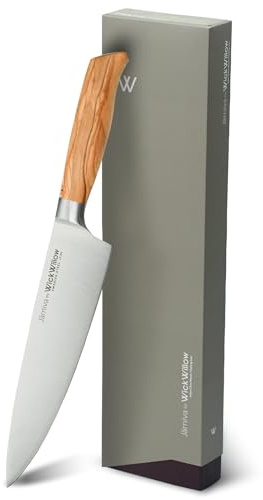 WICKWILLOW 8 Inch Chef Knife – Swedish Steel 14C28N with Italian Olive Wood Handle – Professional Kitchen Knife for Meat, Vegetables & Daily Prep – Gift Box – Jarniva Series