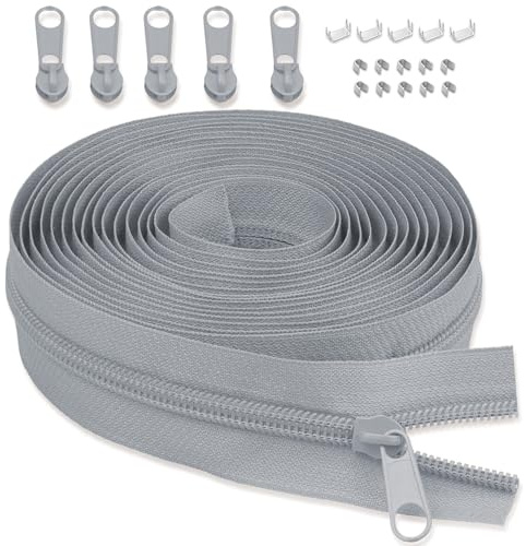 LHZHLE 5mm Endlosreißverschluss Mit Zipper: 3.65m Hellgrau Nylon Reissverschluss - Meterware mit 5 Reißverschlusszügen für Nähen Bettwäsche und Kopfkissen