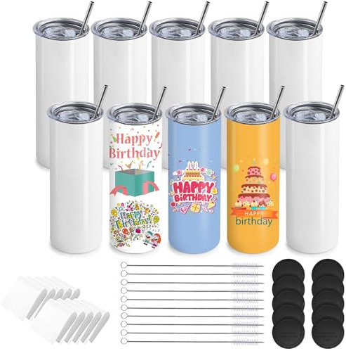 Lot de 10 Gobelets Sublimation 20 oz – Gobelet Inox Blanc Isotherme Double Paroi avec Couvercles, Pailles, Bases Antidérapantes et Films Thermorétractables – Mug Personnalisable pour DIY, Cadeaux