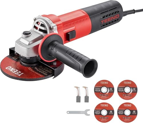 TEENO Angle Grinder 1000W, Corded Angle Grinder Variable Speed of 2000-12000 RPM (Grinding/Cutting Disc: 125 mm 4 Pieces), Used for Cutting and Grinding Metal, Protective Shell and Handle
