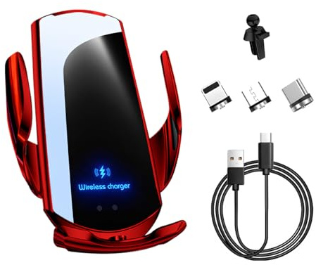 MUQIDA Wireless Car Charger, 15W Fast Charging Air Vent Mount Auto-Clamping Phone Holder, Automotive Electric Induction Charger 360° Rotating Magnetic Vent Mount Bracket for Smartphones (Red)