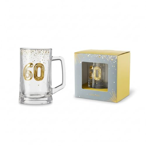 Hox Boccale in vetro per 60° compleanno da 1 pinta (568 ml) – Bicchiere da birra di alta qualità con dettagli dorati e confezione regalo – Bicchiere da pinta per lui