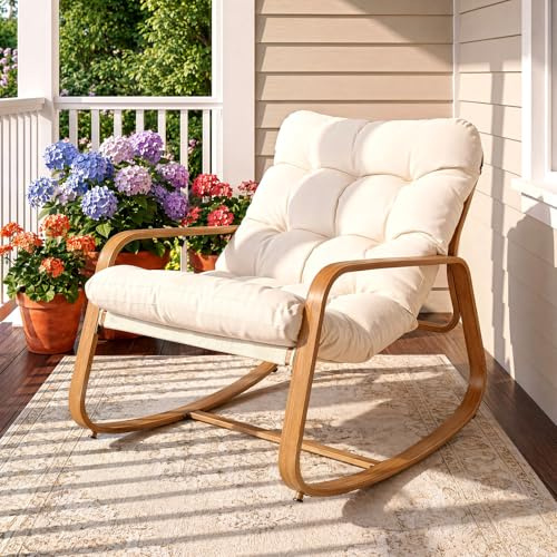 DriveMo Schaukelstuhl mit dickem Kissen für drinnen und draußen | hochwertiger Papasan-Schaukelstuhl in Holzoptik aus Eisen, gemütlicher Schaukelstuhl für Garten, Balkon, Wohnzimmer und Schla