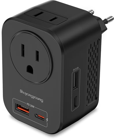 Shayangyoung 220V to 110V 20W PD Voltage Converter US to Europe International Universal Travel Adapter with 2 USB A 2 Type-C Port Worldwide Power Converters Plug Combo for Spain Italy (Black)-IZ