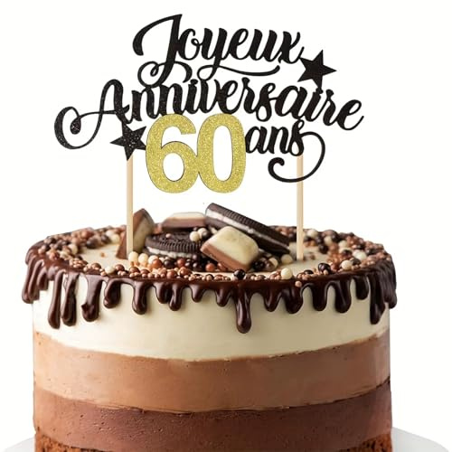 Gemejutor Topper De Gâteau Français « Joyeux Anniversaire 60 Ans » – Paillettes Dorées pour 60e Anniversaire, Mariage Et Célébration