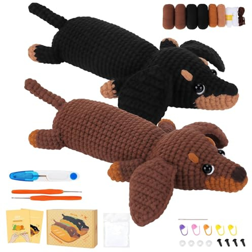 VZU Dackel Häkelset für Anfänger, Komplettes DIY Crochet Tier Kit mit Weichem Garn, Häkelnadel, Anleitung & Schritt-für-Schritt-Video, Handarbeitsset für Erwachsene & Kinder, Dackel Hund