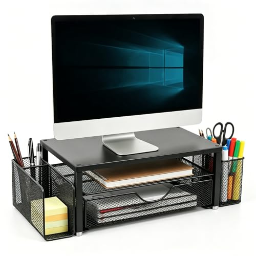 Quhombo Desk Organisers and Accessories,Stand riser with Drawer and 2 Pen Holder,Desktop Organiser Suitable for Offices and Dormitories(black)