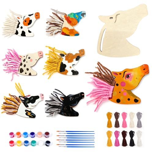 VOPIWOZ Lustiges Pferdekopf Ausmalen Set, 24 Holzpferd mit Garn Farben Pinsel, Bastelsets Kindergeburtstag, Osterdeko Pferde Geburtstagsdeko, Geschenke für Pferdeliebhaber
