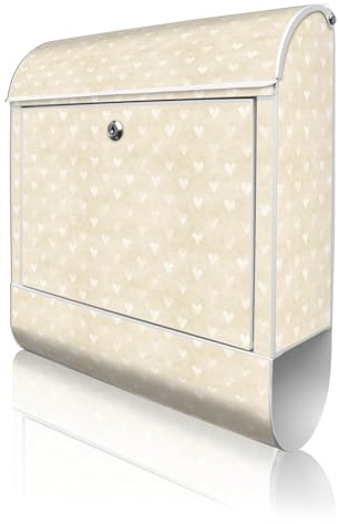 banjado Design Briefkasten 38,5x46,5x13cm & 2 Schlüssel - Briefkasten Stahl Weiß mit Zeitungsfach pulverbeschichtet - Postkasten A4 Einwurf inkl. Montagematerial - Motiv Beige Herzen