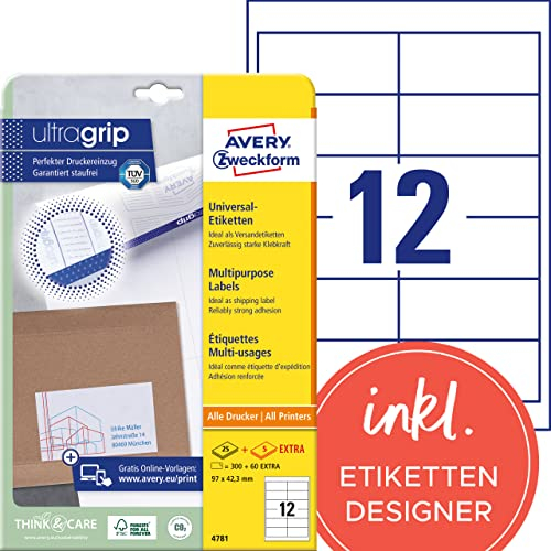 AVERY Zweckform 4781 Adressaufkleber (300 plus 60 Klebeetiketten extra, 97x42,3mm auf A4, Papier matt, bedruckbare Absenderetiketten, selbstklebende Adressetiketten mit ultragrip) 30 Blatt, weiß