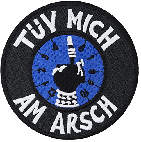 Biker Aufnäher: TÜV Mich am Arsch Motorrad Patch mit Spruch gestickt - Rocker Aufbügler TÜV Plakette Aufkleber - Spaß Geschenk Applikation für Shirt/Jacke/Weste/Kutte - 90x90mm