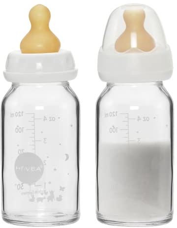 HEVEA Standard Hals Glasflasche Baby- Langsame Strömung Anti Colic Babyflaschen Neugeborene 0+ Monate - BPA-frei, Zweierpack (120 ml)
