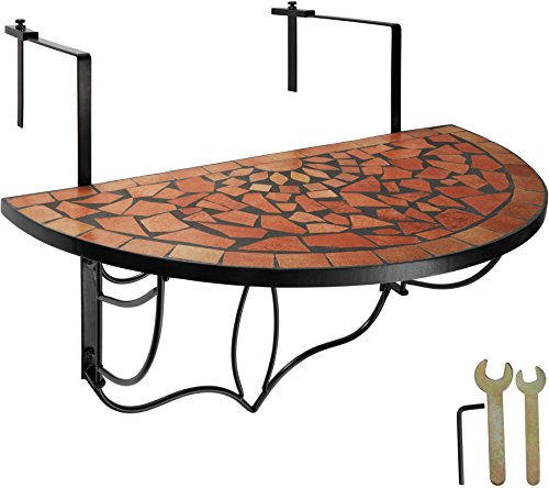tectake® Balkongbord hängbart, hopfällbart bord med stenmosaik, halvcirkelformad design, stabila metallkrokar, platsbesparande utebord för balkong och räcke, enkel montering - Terrakotta