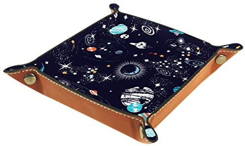 ZORE_FINE5 Ledertablett für Schmuck, Würfelspiele, Schlüssel, Münzen, Süßigkeiten, faltbar, 11,5 cm, Galaxie, Weltraum, Sterne, Planeten mit Raketen