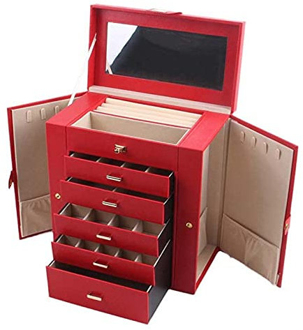 Brillenbox Brillen Display Brillenkoffer, PU-Leder 6-Tier-Schmuck-Box-Organizer, 6-Lagen-abschließbarer Schmuck-Speicher-Fall für Tropfenohrringe Halsketten mit Schubladen, Spiegel Brillenaufbewahrung