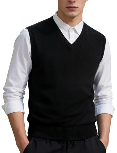 MANBOZIXi Maglioni Senza Maniche da Uomo Gilet in Maglia con Scollo a V, Nero XL