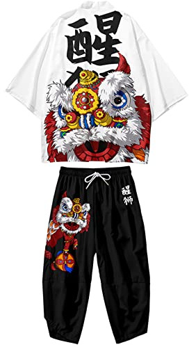 DOSLAVIDA Ensemble de veste kimono japonaise pour hommes, veste élégante ouverte sur le devant avec short, cardigan imprimé de style chinois