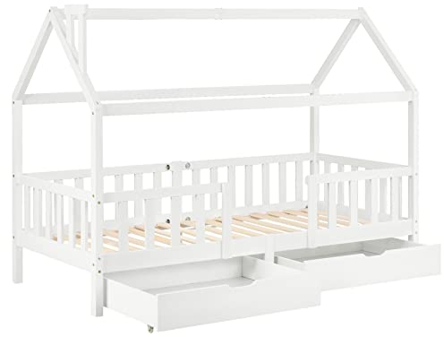 KecDuey Kinderbett,90 x 200 cm Hausbett mit Schornstein mit Zwei Aufbewahrungsschubladen Robuste Lattenroste Kiefernholz Einzelbett ohne Matratze (Weiß + Schubladen*)