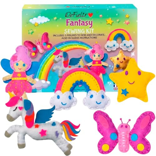 DeFieltro Fantasia – Kit Cucito Bambina con Unicorno e Fata (5 Figure) – Set Cucito Bambini Creativo – Imparare il Cucito per Bambini