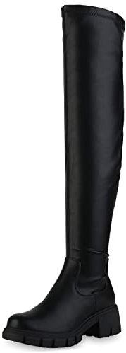 VAN HILL Damen Leicht Gefütterte Overknees Stiefel Blockabsatz Schuhe Plateau Vorne Langschaftstiefel Profilsohle Boots 208775 Schwarz 38