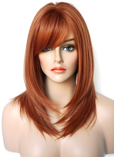 PORSMEER Perücke Schulterlang Gerade Glatt Perücke bob Kupferrot Mittellang mit Pony für Frauen Mädchen Natürliche Kunsthaar für Karneval/Fasching Halloween Kostüm Party,35cm