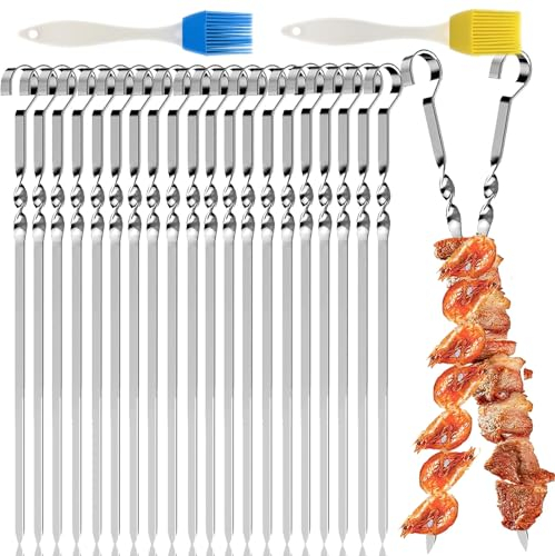 20 Stücke Edelstahl-Grillspieße mit 2 Silikonbürsten - BBQ-Kabob-Spieße für Fleisch, Schaschlik, Kebab