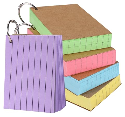 500 Stück Karteikarten A7, 150g/m² Karteikarten Liniert Flash Cards Lernkarten Bunt mit 5 Binderinge 10 Kraftpapierkarten für Schule Büro Zuhause Unterwegs Lernen Notizen (5 Farben)