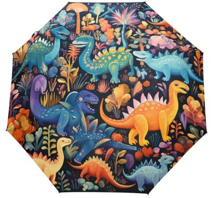 KAAVIYO Lila Bunte Dinosaurier Regenschirm Auf-Zu Automatik Taschenschirm Winddichter Umbrella Klein Leicht Schirm Kompakt Schirme für Jungen Mädchen Reise Strand Frauen