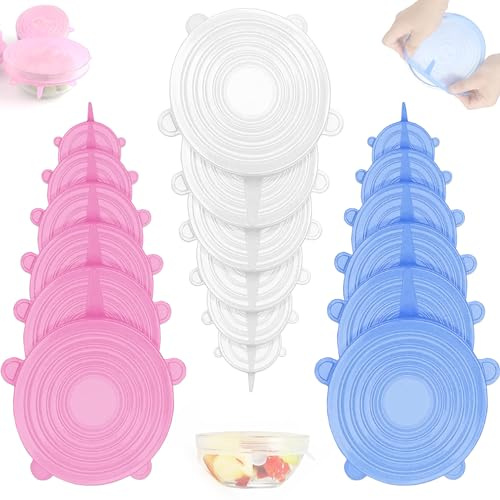 Couvercle silicone alimentaire 18 pieces ideal pour conserver les aliments dans divers recipients flexibles reglables durables respectueux de l'environnement sans BPA lavables au lave-vaisselle