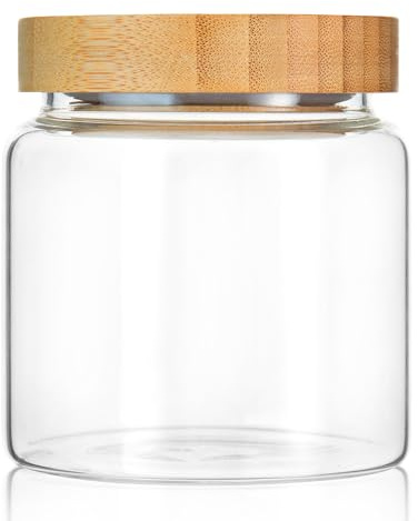 INCETUE 480 ml Storage Canister with Bamboo Lid, Clear Glass Jar-Small | 16 fl oz capacity, airtight lid, decorative kitchen food canister for coffee pods, beans, sugar, salad, cereal, candy