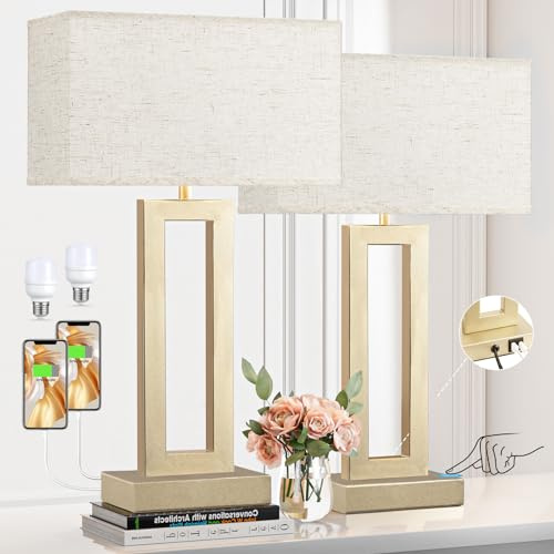 Seealle 22 Tall Bedroom Lamps for Living Room - Touch Gold Bedside Lamps with USB C+A, 3 Way Dimmable Lamp for Nightstand, Modern Night Stands Lamps for End Tables(Beige&Gold)