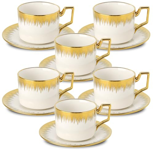 LETAOTAO Tazas de capuchino con platillos, taza de café apilable de cerámica de 8.5 onzas y platillo con borde dorado, juego de tazas de café turco para espresso doble, juego de 6 tazas de té, color