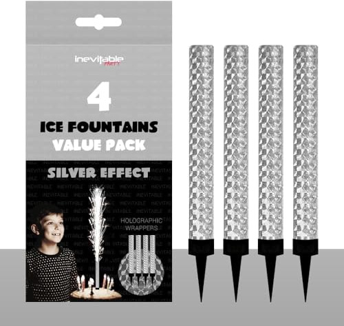 Pack of 4 Ice Fountains | Cake Topper Decoration | Prosecco Champagne Fountain | Sparkling Fountain | Gold or Silver | Birthdays, Christmas, New Year and Weddings (Silver)