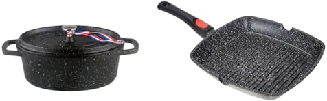 KAMBERG - 0008198 - Cocotte Ø 30 cm Ovale Noire - Fonte d'aluminium - Revêtement pierre & Poêle Grill 28 x 28 cm - Manche Amovible - Fonte d'Aluminium - Revêtement Type Pierre