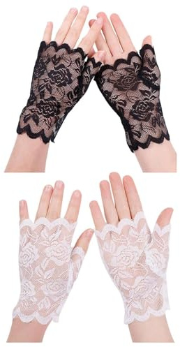 Damen Spitzen Handschuhe,2 PCS Braut Halbfinger Handschuhe Schwarze Kurze Spitze Handschuhe Fingerlose Handschuhe für Hochzeiten Dinnerpartys